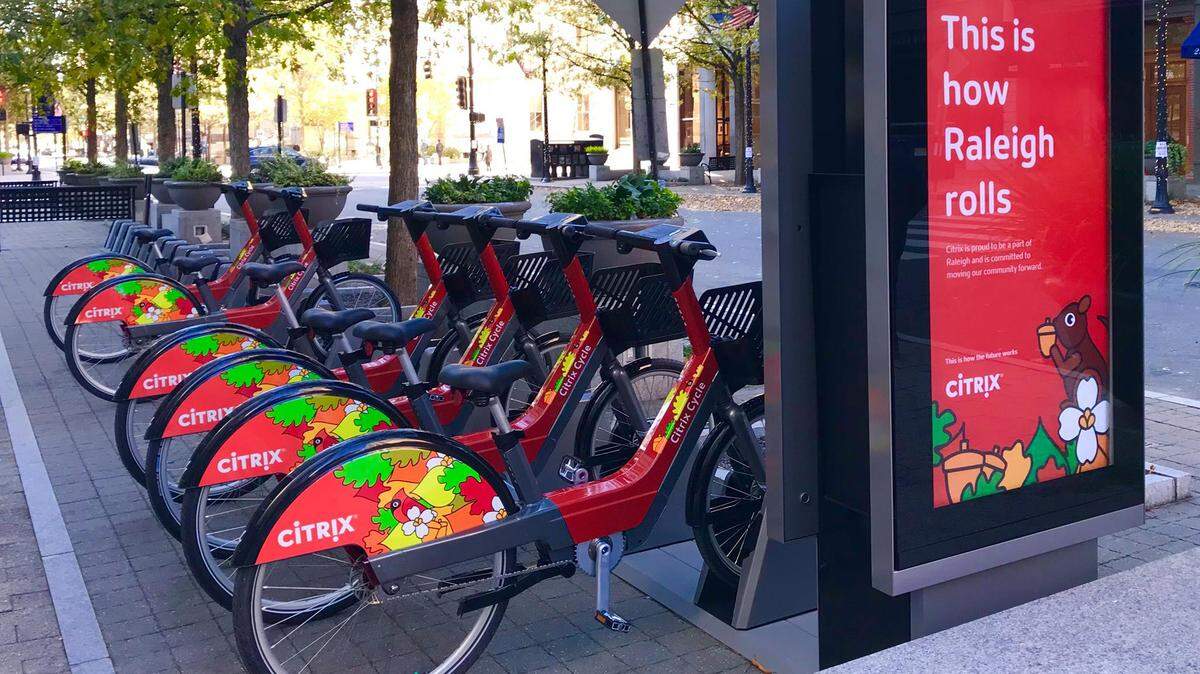 Citrix Cycle docking stations like this one on Fayetteville Street downtown will be stocked with bikes for rent starting Saturday.