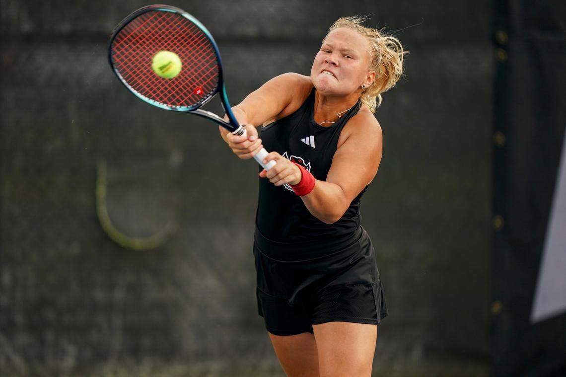 Diana Shnaider of North Carolina State University in action during the finals of the NCAA Division I Women’s Tennis Championship at the USTA National Campus in Orlando, Florida on Saturday, May 20, 2023.