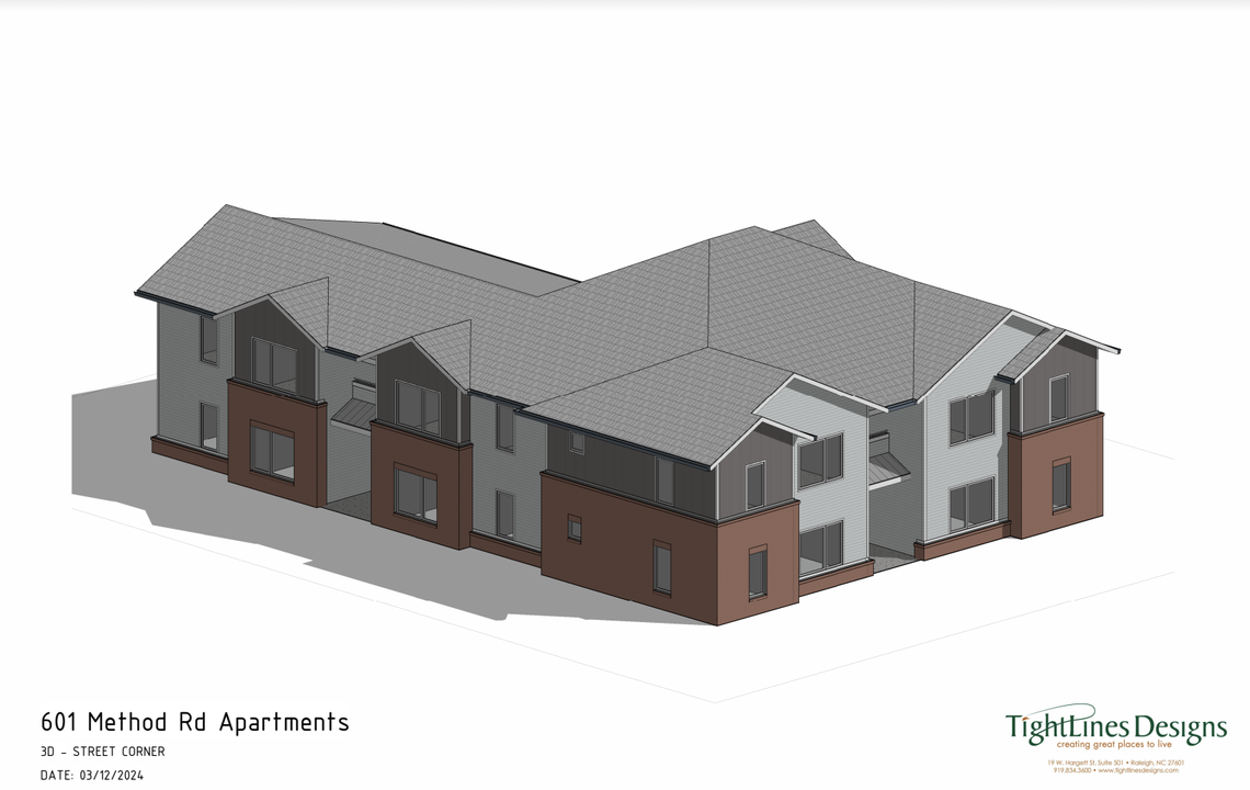 A rendering of Hope Village at Method, a new 10-unit apartment building under development at 601 Method Rd in west Raleigh.