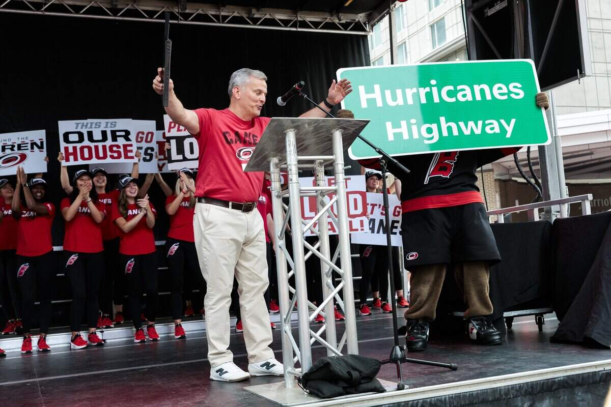 Gov. Josh Stein spoke before the Carolina Hurricanes took the stage during a team rally on Saturday, June 20, 2026, in downtown Raleigh.