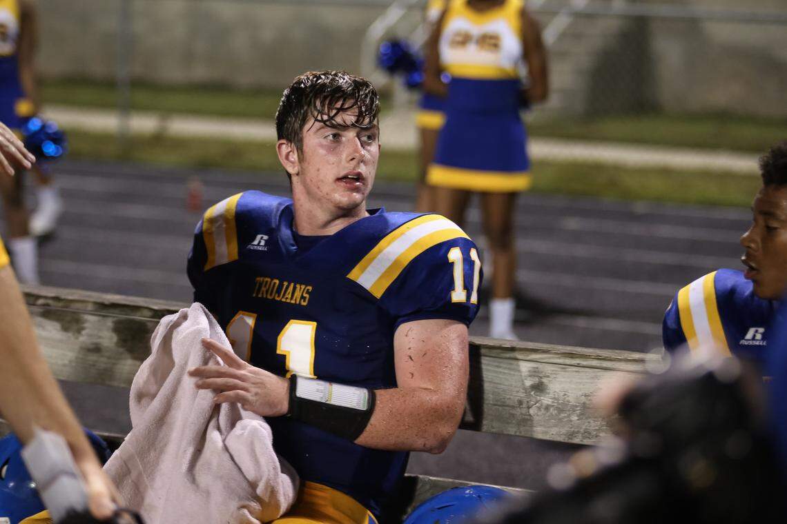 Garner quarterback Nolan McLean on the sidelines. The Clayton Comets played football at the Garner Trojans on Friday, August 17, 2018.
