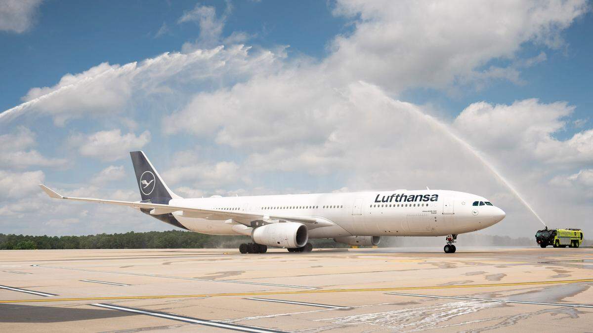 The first direct Lufthansa flight from Frankfurt, Germany lands at the Raleigh Durham International Airport on June 6, 2024.