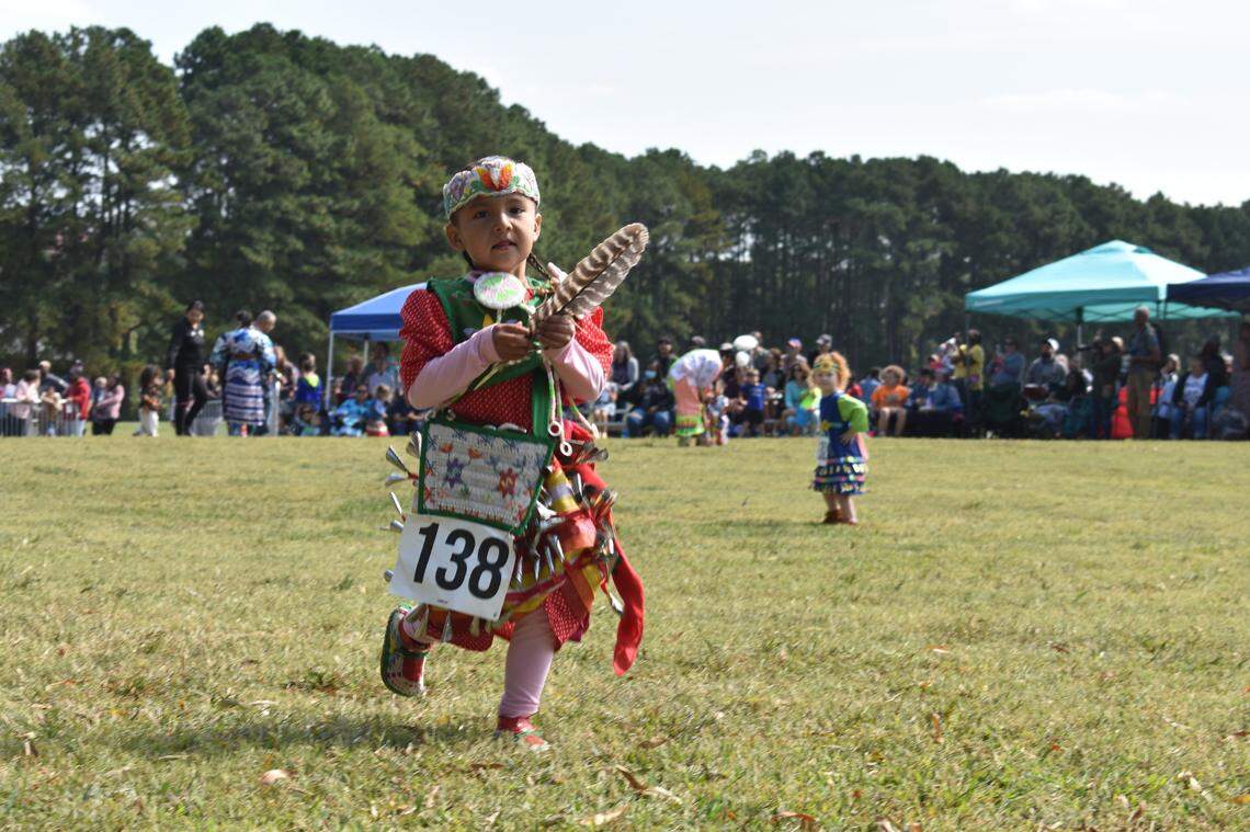 A young dancer at the Dix Park Intertribal Pow Wow in Raleigh, NC, on Saturday, Oct. 8, 2022.