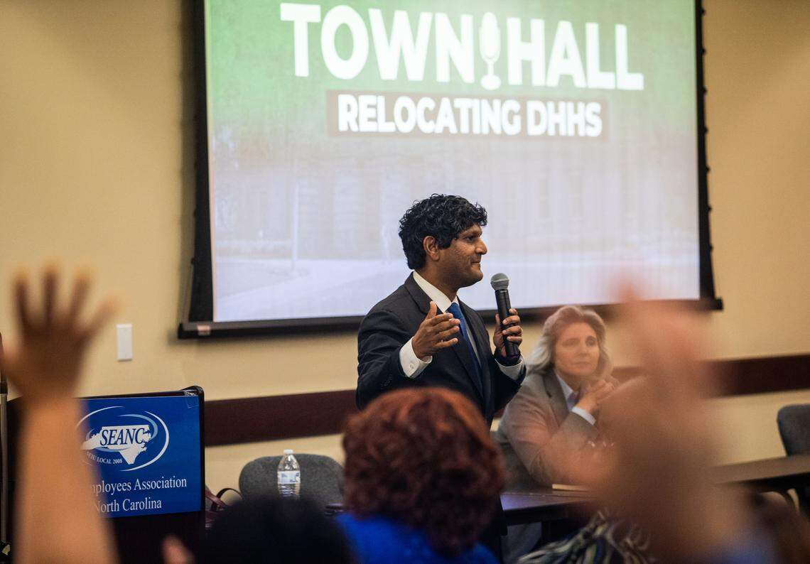 Sen. Jay Chaudhuri (D-Wake) hosts a town hall with Department of Health and Human Services employees and the State Employees Association of North Carolina Tuesday, July 23, 2019 at SEANC headquarters in Raleigh regarding the General Assembly’s proposal to relocate DHHS headquarters from Dix Park to Granville County.