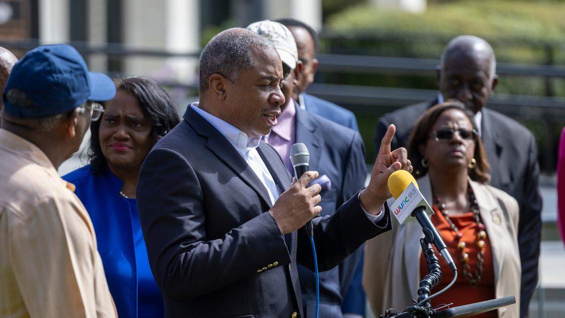 Mo Green, who won the North Carolina superintendent of public instruction election, speaks in September during a news conference outside the General Assembly.