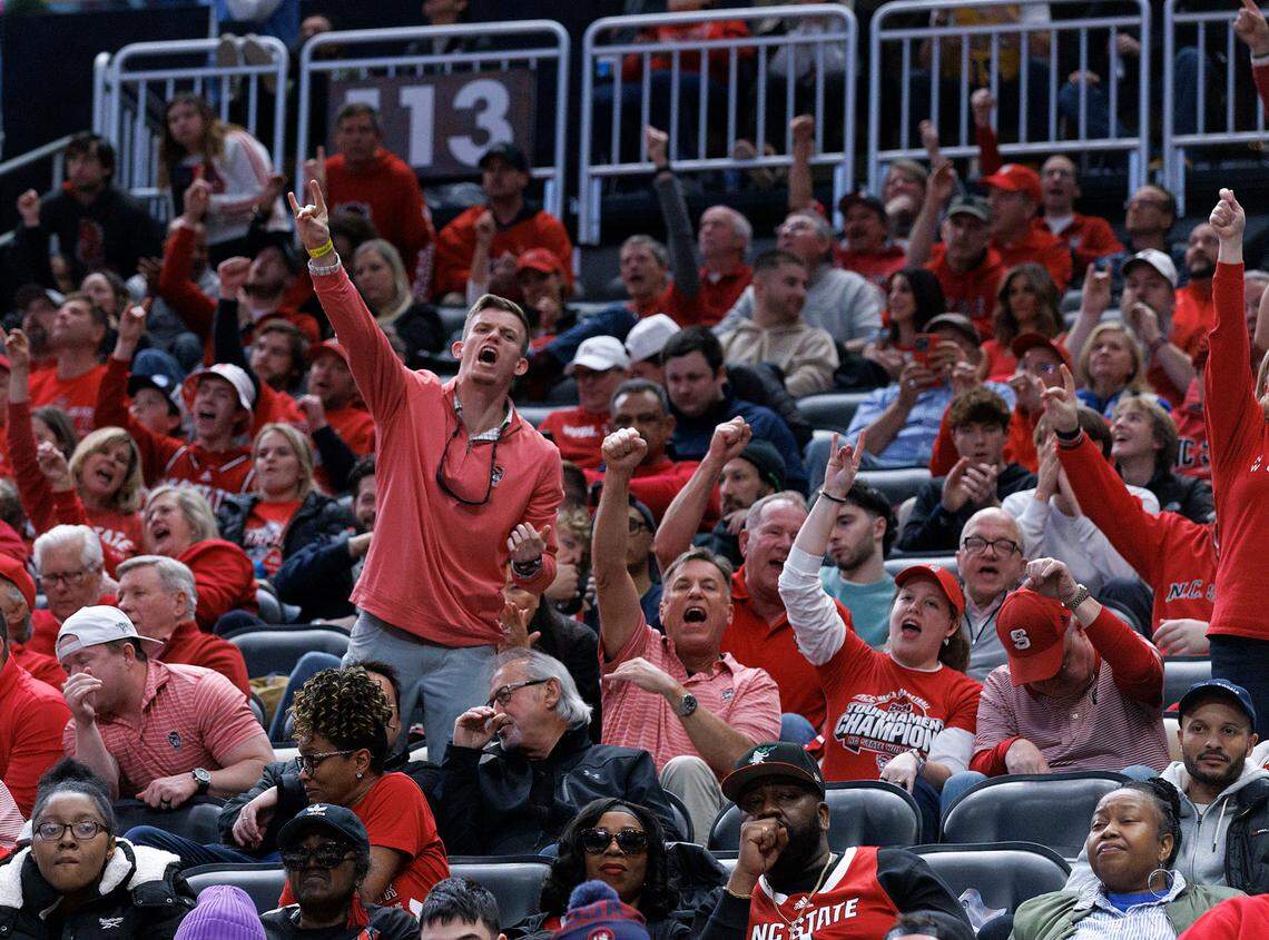 N.C. State fans cheer during the second half of the Wolfpack’s 80-67 win over Texas Tech in the first round of the NCAA Tournament on Thursday, March 21, 2024, at PPG Paints Arena in Pittsburgh, Pa.