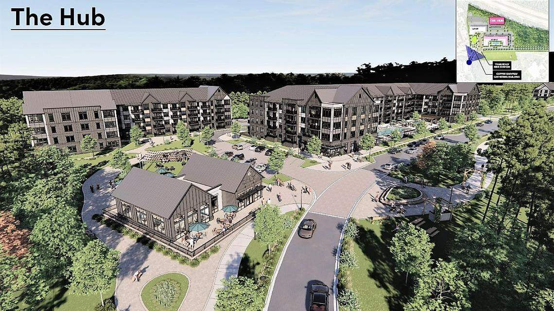 An architect’s rendering shows The Hub, one of three distinctive areas within the revised concept plan for Lullwater Park, a 489-unit neighborhood of apartments, townhouses and carriage-style homes. The Hub would include a small retail building, a courtyard and lawn, and a nearby dog park.