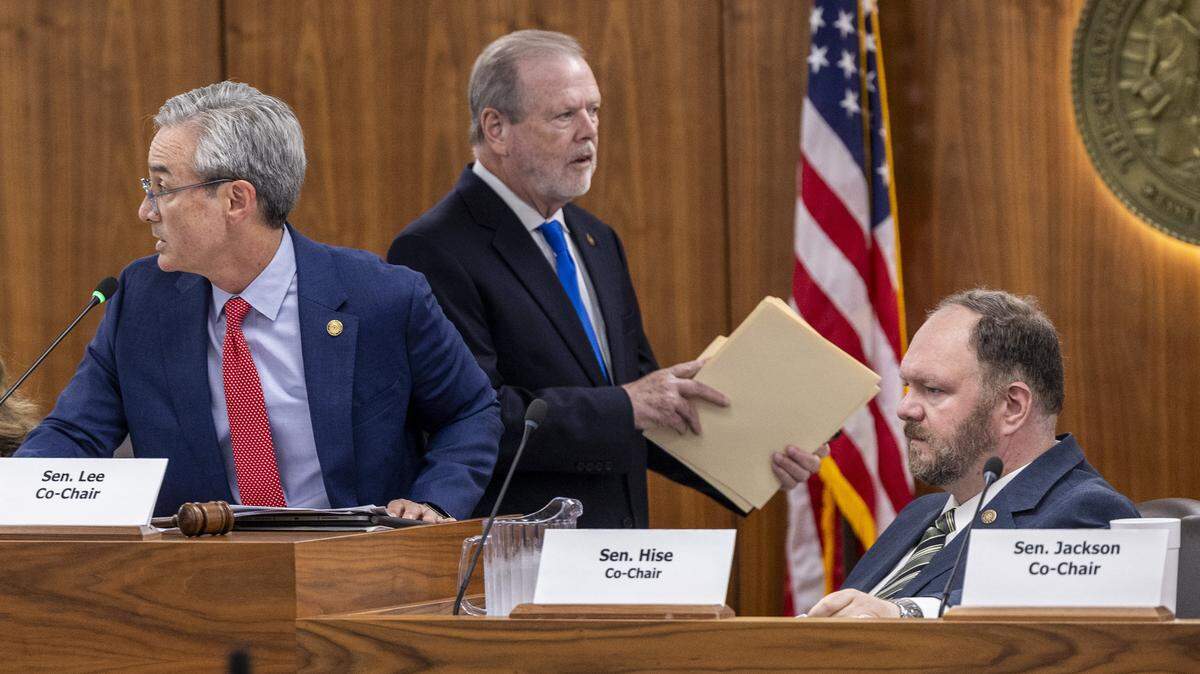 From left, Republican Sens. Mike Lee, Phil Berger and Ralph Hise during a Senate Appropriations Committee meeting at the Legislative Office Building in Raleigh on Tuesday, Sept. 22, 2026. Berger is the leader of the Senate and Lee and Hise are top budget writers.