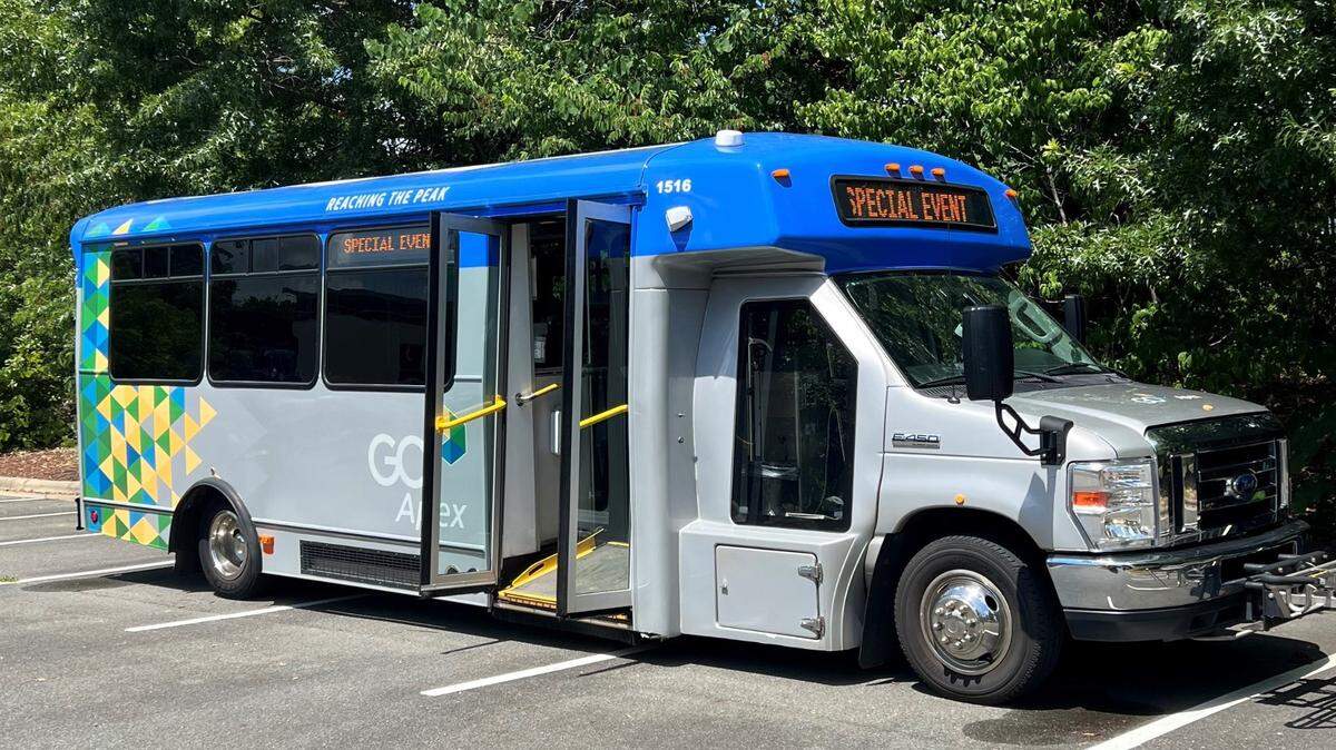 GoApex Route 1, the town’s first bus service, will use a 19-passenger van that can also carry two bicycles.