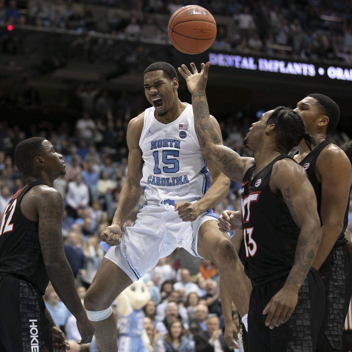 North Carolina’s Garrison Brooks (15) reacts after a basket in the first half against Virginia Tech during the first half on Monday, January 21, 2019 at the Smith Center in Chapel Hill, N.C.