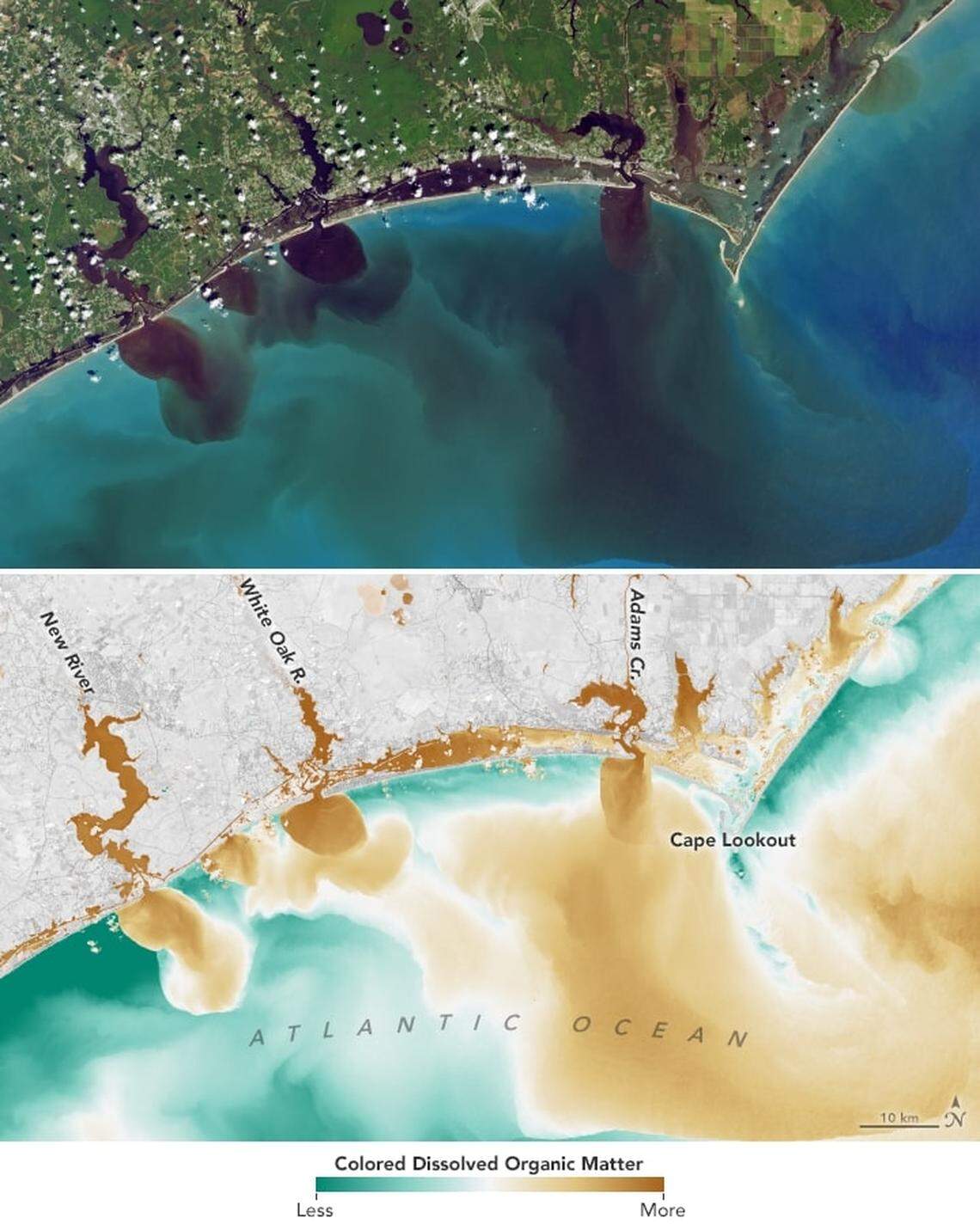 A NASA satellite true-color image that shows water discolored by excess soils, sediments, decaying leaves, pollution, and other debris after Hurricane Florence (top) and an image combining visible and infrared data to show the amount of colored dissolved organic matter in the water (bottom).