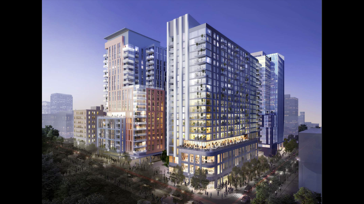 The initial renderings of development planned for 3.3 acres across from Nash Square at the former News & Observer building. If a rezoning to allow up-to-40 stories are approved, these renderings would be updated.