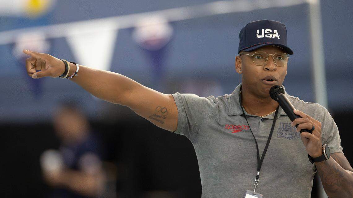 Olympic goal medalist Cullen Jones, an N.C. State graduate, addresses the crowd during a workout by the 2024 United States Olympic Swim Team on Saturday, July 6, 2024 at the Triangle Aquatic Center in Cary, N.C.