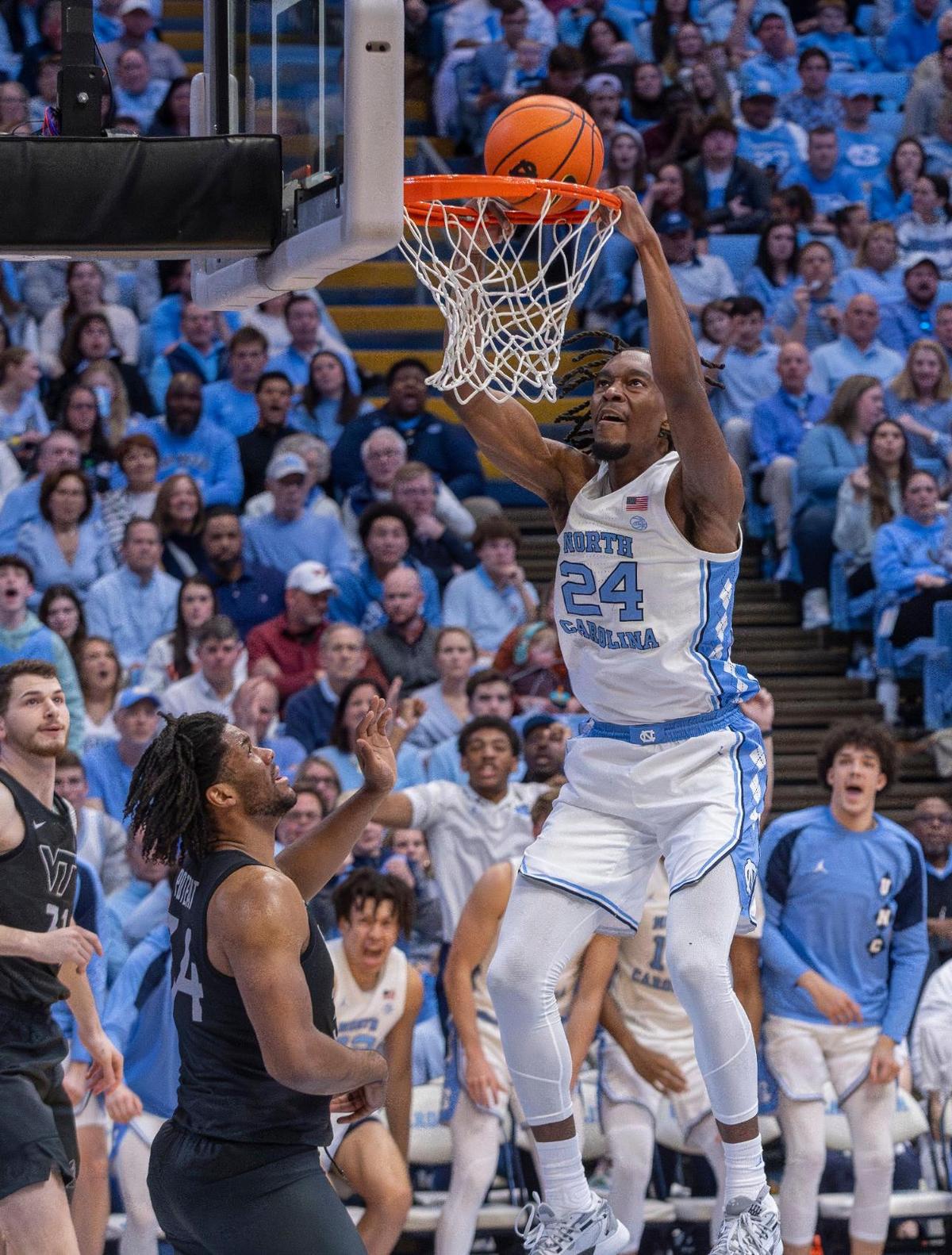 North Carolina’s Jae’Lyn Withers (24) misses a dunk in the second half against Virginia Tech on Saturday, February 17, 2023 at the Smith Center in Chapel Hill, N.C.