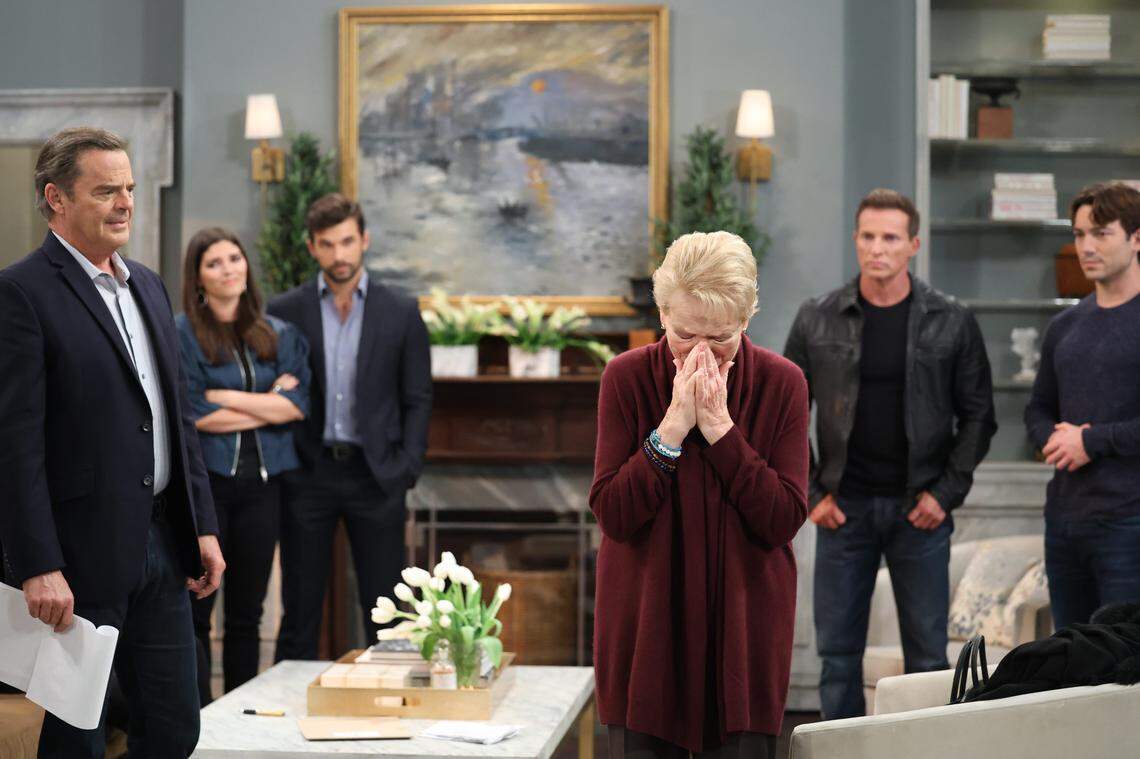 Wally Kurth, Amanda Setton, Josh Swickard, Erika Slezak, Steve Burton and Rory Gibson on the Nov. 4 episode of “General Hospital.”