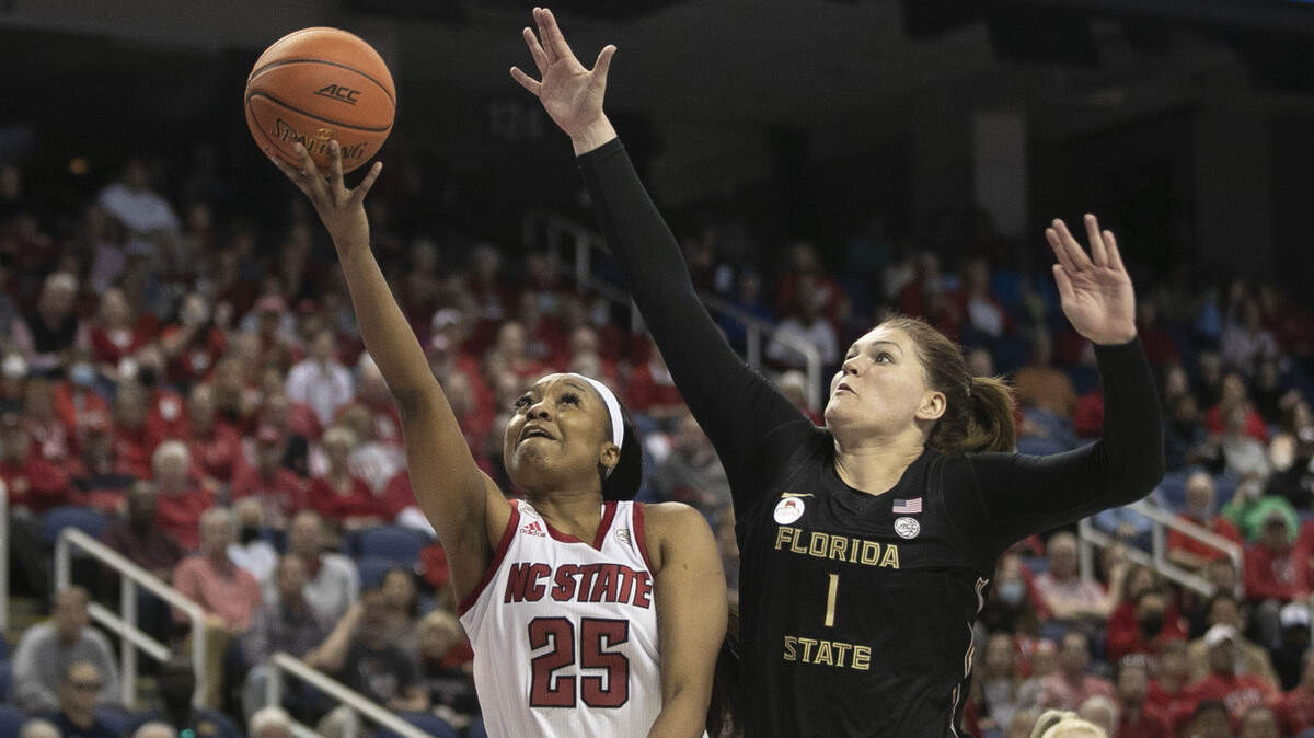 N.C. State’s Kayla Jones (25) drives to the basket against Florida State’s River Baldwin (1) in the first half during the quarterfinal of the ACC Women’s Tournament on Friday, March 4, 2022 at the Greensboro Coliseum in Greensboro, N.C.