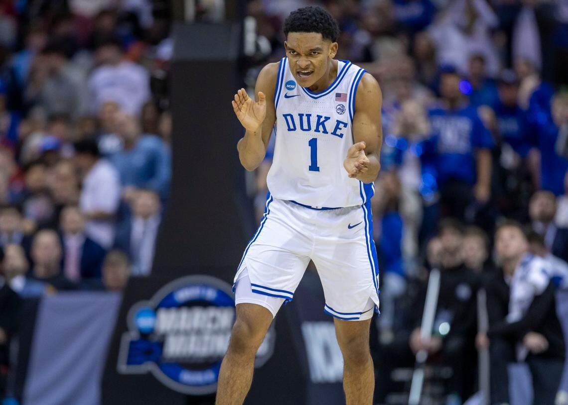 Duke guard Caleb Foster (1) reacts after a basket to give the Blue Devils a 40-31 lead against Alabama in the first half on Saturday, March 29, 2025 during the NCAA East Regional final at Prudential Center in Newark, N.J.