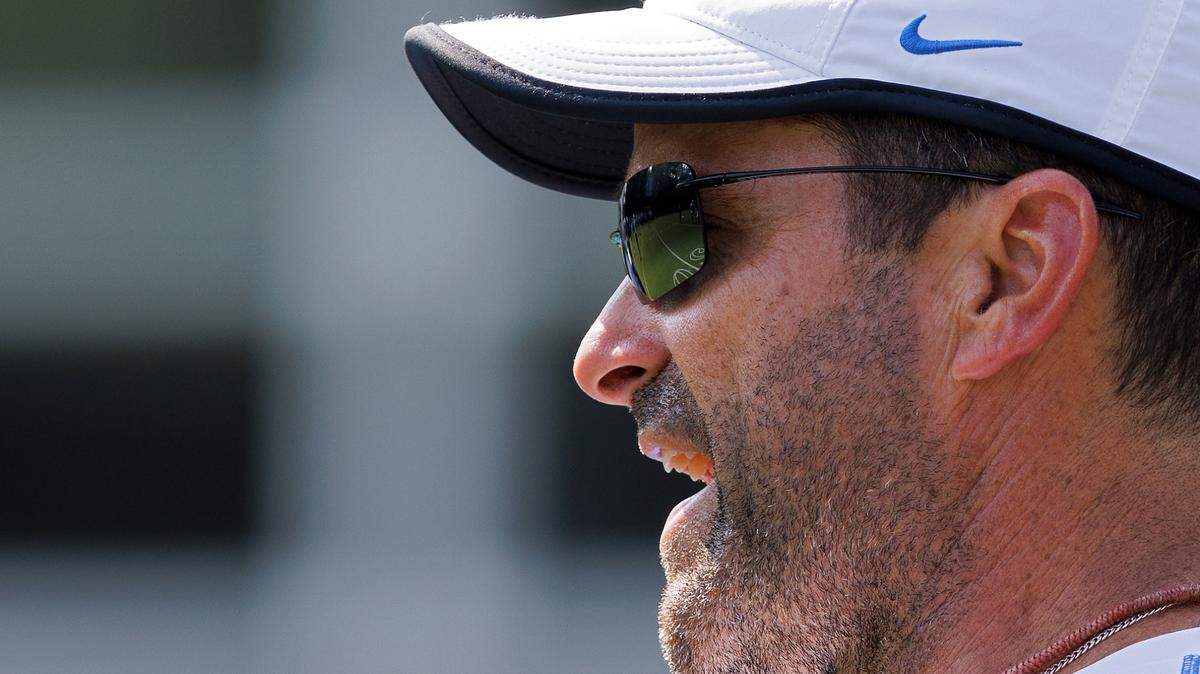 Duke football head coach Manny Diaz gives instructions during practice on Wednesday, July 31, 2024, in Durham, N.C.