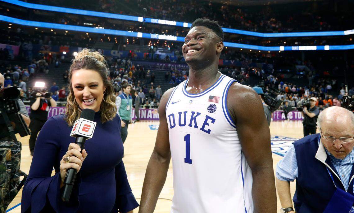 Duke’s Zion Williamson (1) laughs with ESPN’s Allison Williams after Duke’s 84-72 victory over Syracuse in the quarterfinals of the 2019 ACC Tournament in Charlotte, N.C., Thursday, March 14, 2019.
