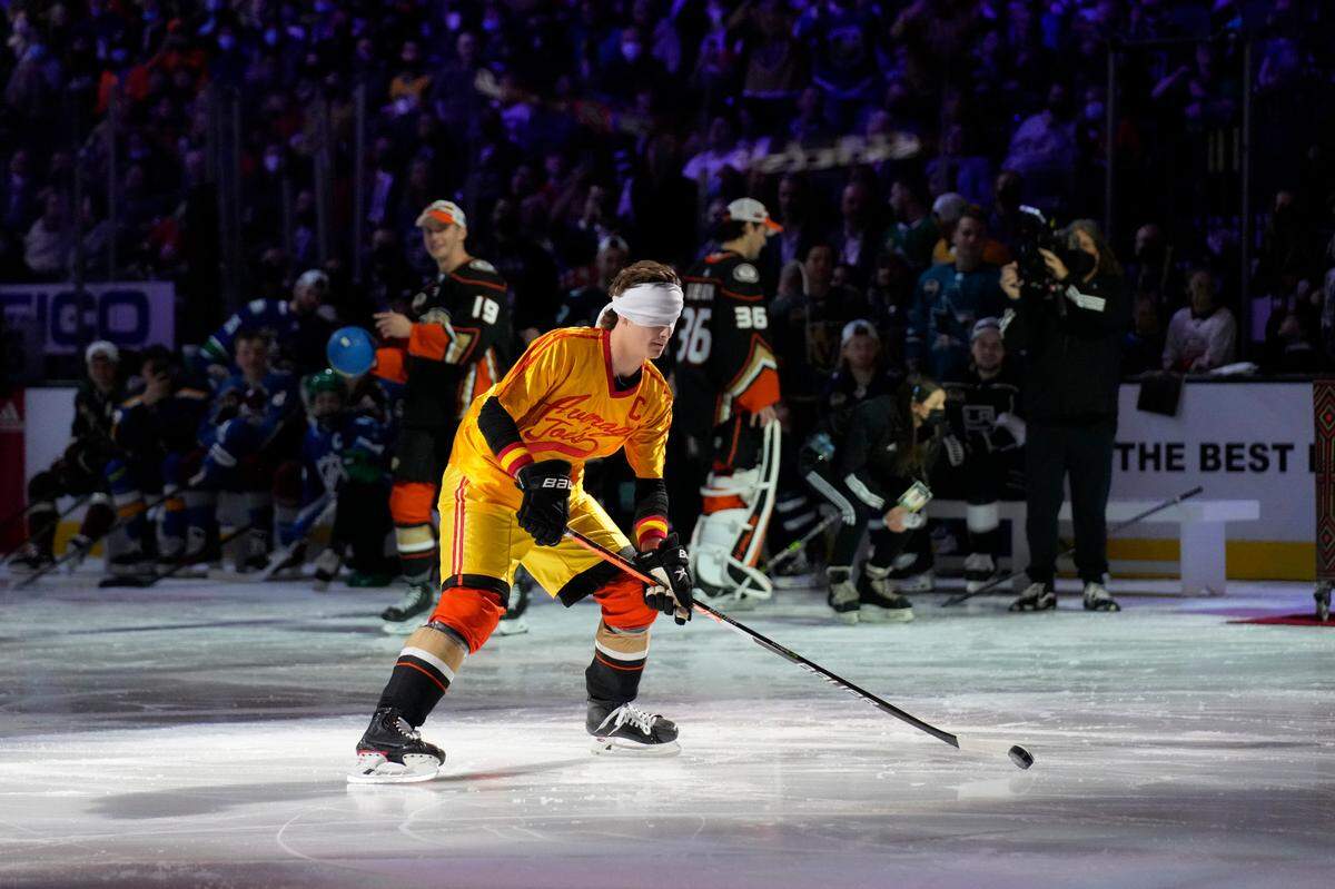 Anaheim Ducks’ Trevor Zegras participates in the Skills Competition breakaway challenge event, part of the NHL All-Star weekend, Friday, Feb. 4, 2022, in Las Vegas. (AP Photo/Rick Scuteri)