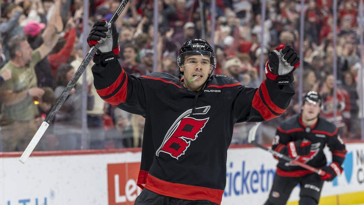 Carolina Hurricanes center Logan Stankoven (22) reacts after scoring on Dallas goalie Jake Oettinger (29) in the first period to take a 3-1 lead on Tuesday, January 6, 2026 at Lenovo Center in Raleigh, N.C. 