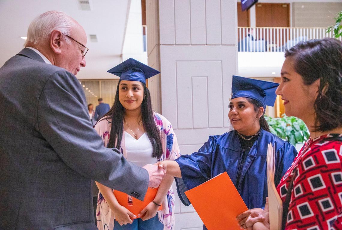Rep. John Faircloth meets with High Point Central High School students Starlynn Mendez, left, and Alma Yanez-Aguilar during the 7th annual Undocugraduation, which brought dozens of students to the NC Legislative Building to lobby their state representatives for in-state college tuition regardless of immigration status on Wednesday, May 22, 2019, in Raleigh, NC.