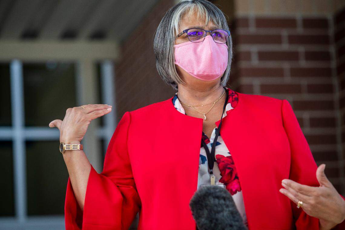Wake County Public Schools superintendent Catty Moore answers questions from reporters at Hortons Creek Elementary School in Cary Friday, Oct. 23, 2020.