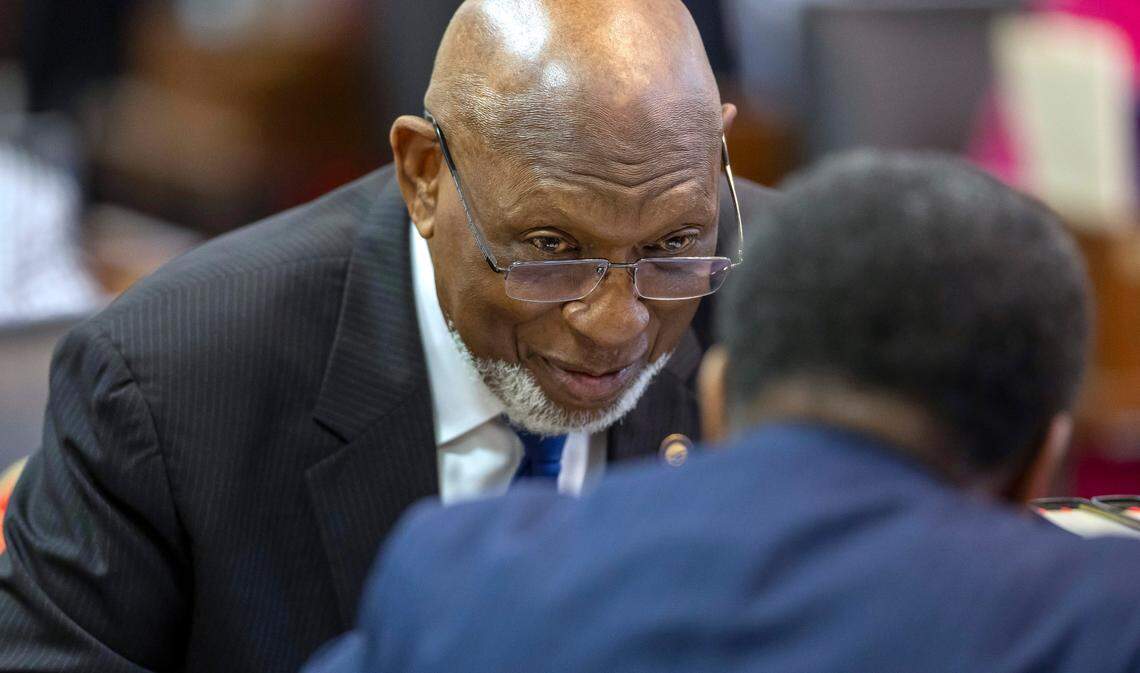 N.C. District 23 Representative Shelly Willingham talks with District 48 Representative Garland Pierce on the opening day of the 2025 House session on Wednesday, January 29, 2025 at the General Assembly in Raleigh, N.C.