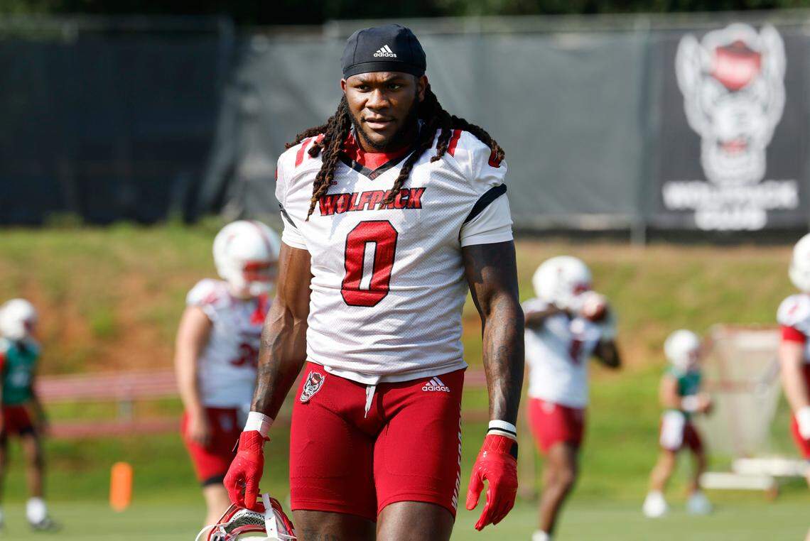N.C. State linebacker Sean Brown (0) takes a break during the Wolfpack’s first practice in Raleigh, N.C., Wednesday, July 31, 2024.
