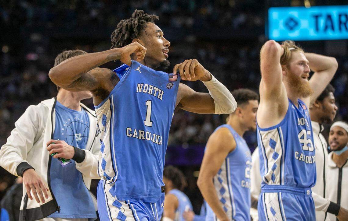 North Carolinas Leaky Black (1) and Brady Manek (45) celebrate the Tar Heels 81-77 victory over Duke during the NCAA Final Four semi-final on Saturday, April 2, 2022 at Caesars Superdome in New Orleans, La.