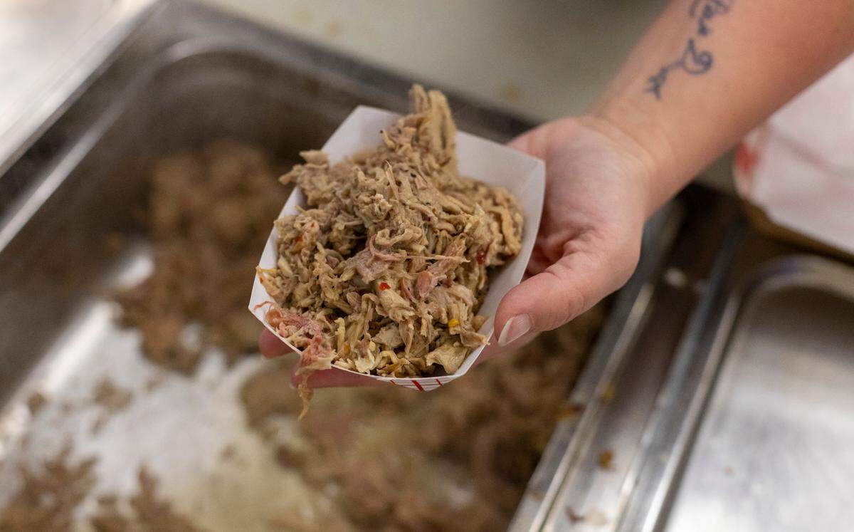 Clyde Cooper’s signature chopped BBQ pork, photographed on Tuesday, November 14, 2023 in Raleigh, N.C.
