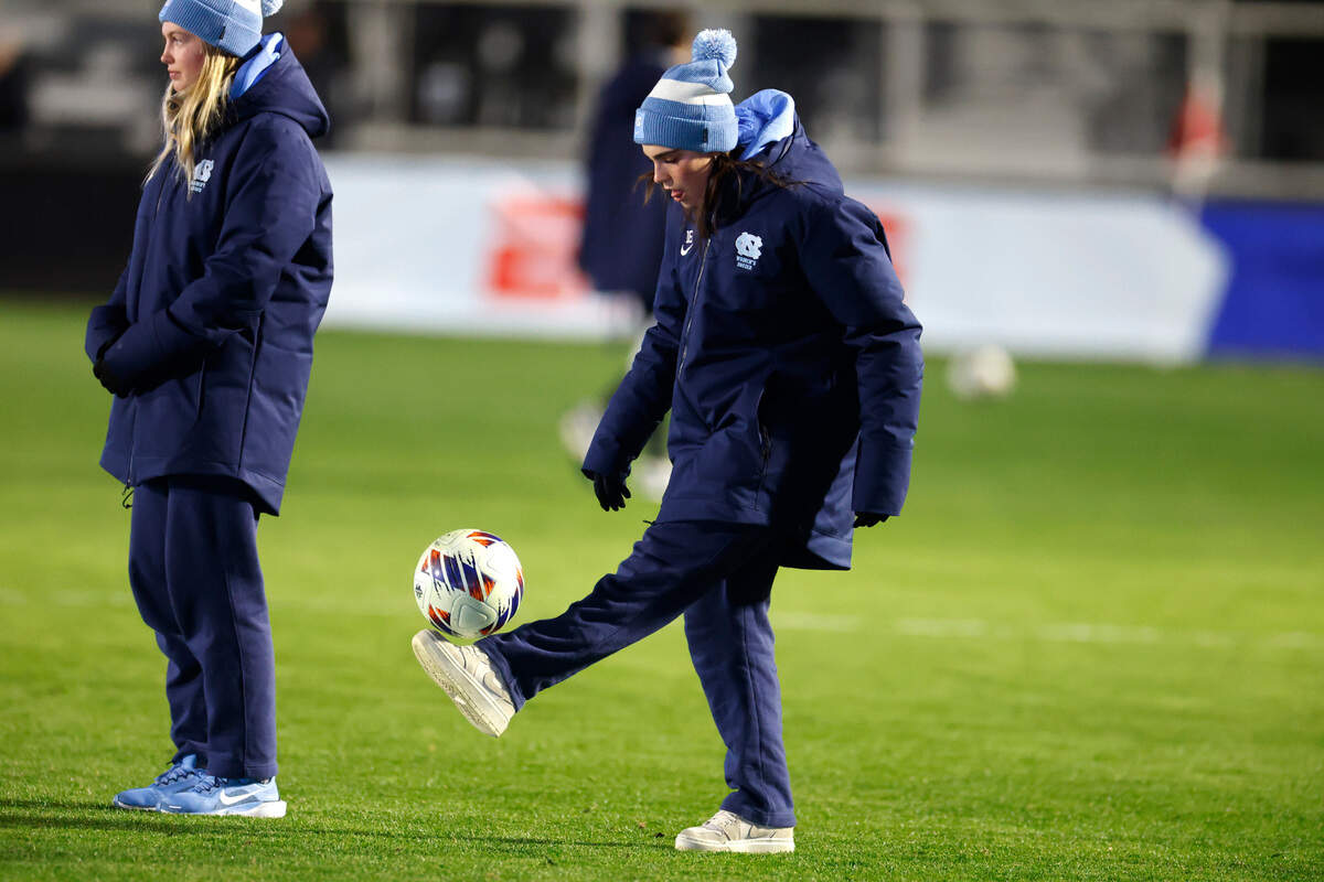 North Carolina’s Olivia Migli kicks around a ball before UNC’s game against Duke in the semifinals of the 2024 Women’s College Cup at WakeMed Soccer Park in Cary, N.C., Friday, Dec. 6, 2024.