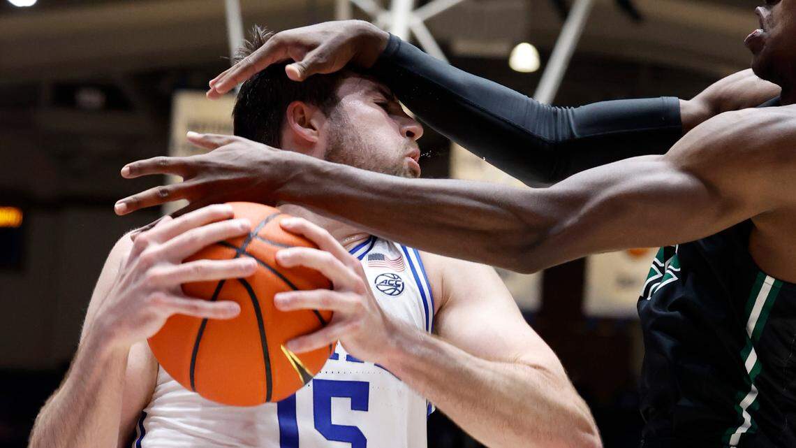 Duke’s Ryan Young (15) pulls in the rebound from Dartmouth’s Jayden Williams (22) during the second half of Duke’s 92-54 victory over Dartmouth at Cameron Indoor Stadium in Durham, N.C., Monday, Nov. 6, 2023.
