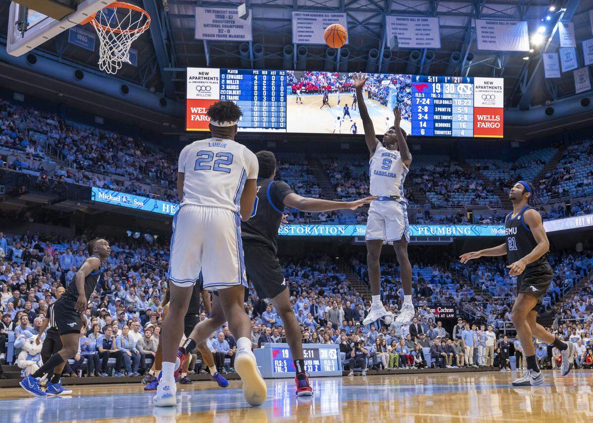 North Carolina forward Drake Powell (9) puts up a shot in the first half against SMU on Tuesday, January 7, 2025 in Chapel Hill, N.C. Powell scored 17 points in the Tar Heels’ 82-67 victory. 