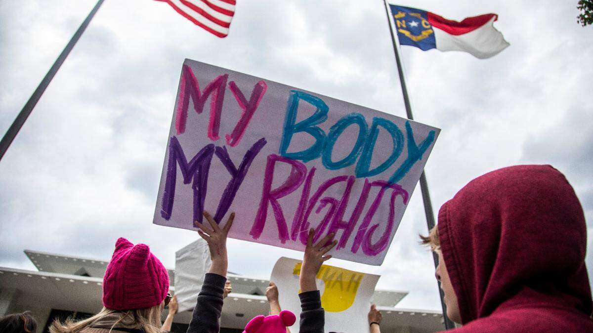 Demonstrators wait to enter the Legislative Building in downtown Raleigh after a “Bans off Our Bodies” rally held May 3, 2023 after Republican state lawmakers announced their plan to further limit abortion rights across the state.