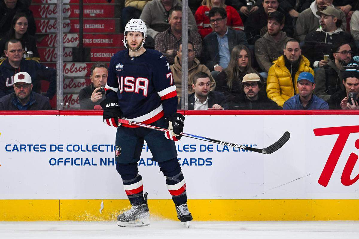 Feb 13, 2025; Montreal, Quebec, CAN; [Imagn Images direct customers only] Team USA defenseman Jaccob Slavin (74) looks on against Team Finland in the second period during a 4 Nations Face-Off ice hockey game at Bell Centre. Mandatory Credit: David Kirouac-Imagn Images