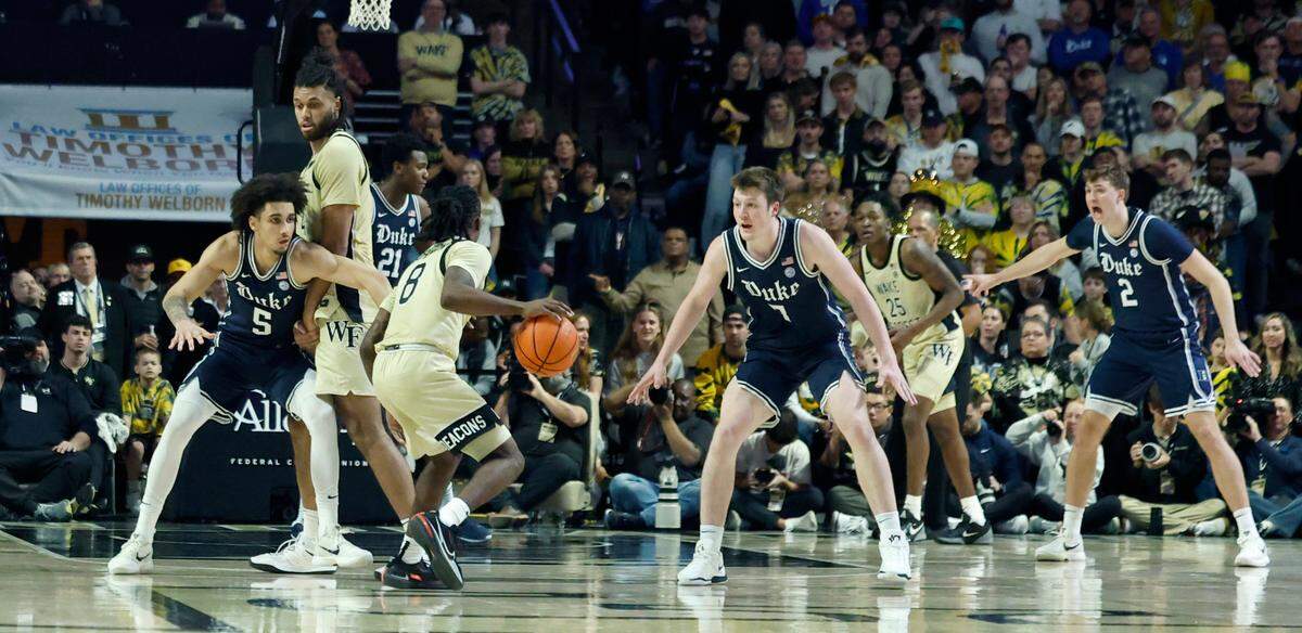 Duke goes zone against Wake Forest during the second half of Duke’s 63-56 victory over Wake Forest at LJVM Coliseum in Winston-Salem, N.C., Saturday, Jan. 25, 2025.