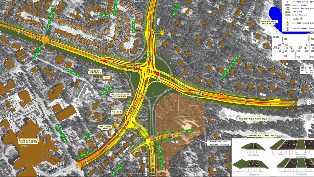 The N.C. Department of Transportation proposes to replace the Pinehurst Traffic Circle with a “continuous flow intersection” and a new connector road.