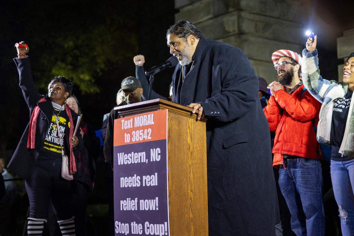 Rev. William Barber II leads a Moral Monday rally at the North Carolina State Capitol on Monday, Dec. 9, 2024, calling on lawmakers to uphold Gov. Roy Cooper’s veto of Senate Bill 382. Cooper vetoed the bill on Nov. 26, calling it “a sham” and criticizing its lack of hurricane relief and inclusion of various power grabs.