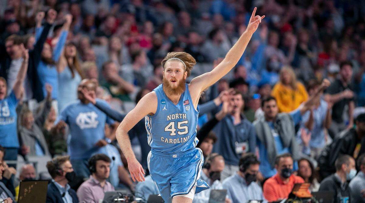 North Carolinas Brady Manek (45) reacts after scoring give the Tar Heels a 47-32 lead over Baylor in the second half on Saturday, March 19, 2022 during the NCAA Tournament at Dickies Arena in Ft. Worth, TX.