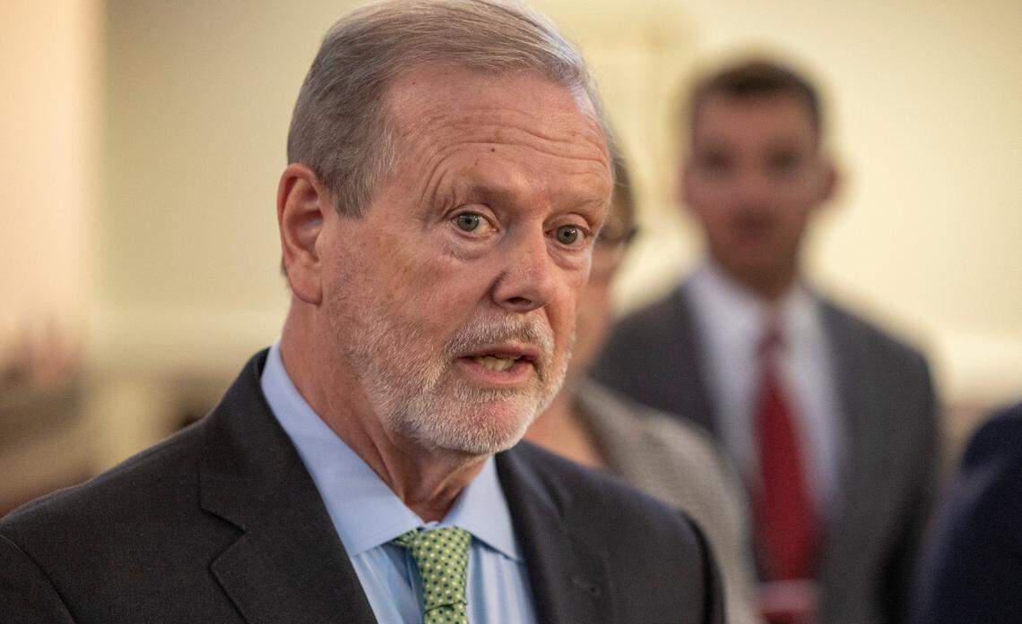 Senate President Pro Tempore Phil Berger talks with the media following the Senate session on Tuesday, September 19. 2023 in Raleigh, N.C. Berger said he hopes to have a vote on the budget this week.