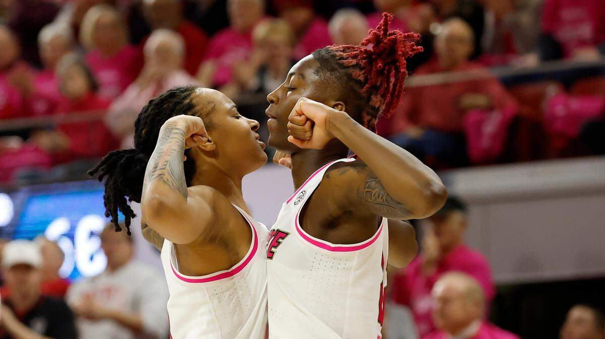 N.C. State’s Aziaha James and Saniya Rivers react during the second half of the Wolfpack’s 89-83 win over Duke in the Play4Kay Game on Monday, Feb. 3, 2025, at Reynolds Coliseum in Raleigh, N.C.