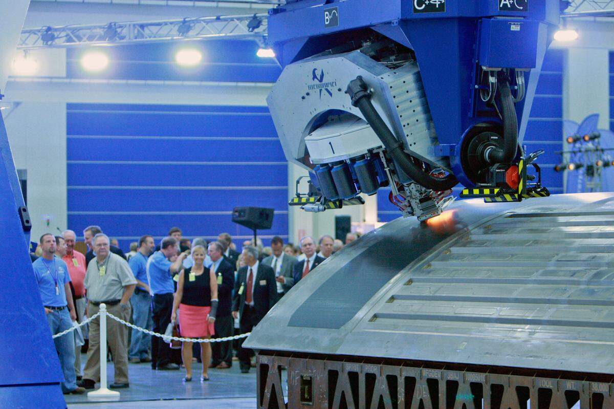 An automated fiber placement machine, which shapes fuselage components, was the star of the Spirit AeroSystems' grand opening in the Global TransPark in Kinston in June 2010.