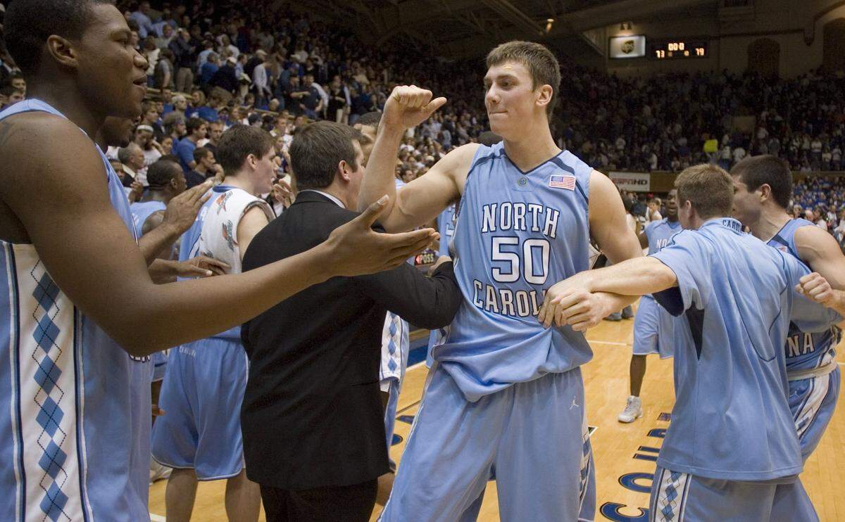 UNC’s Tyler Hansbrough (50) celebrates the Tar Heels’ 79-73 victory with teammate Deon Thompson (21) on Wednesday February 7, 2007 in Cameron Indoor Stadium. Hansbrough scored 16 points in the victory. 