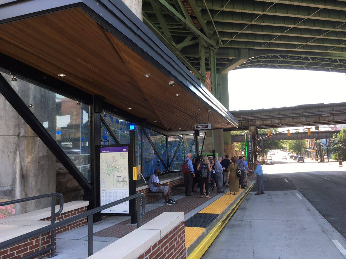 Main Street Station for the Pulse, the new bus rapid transit system in Richmond, Va. The stations have raised, covered platforms and kiosks where passengers buy tickets before boarding the bus.