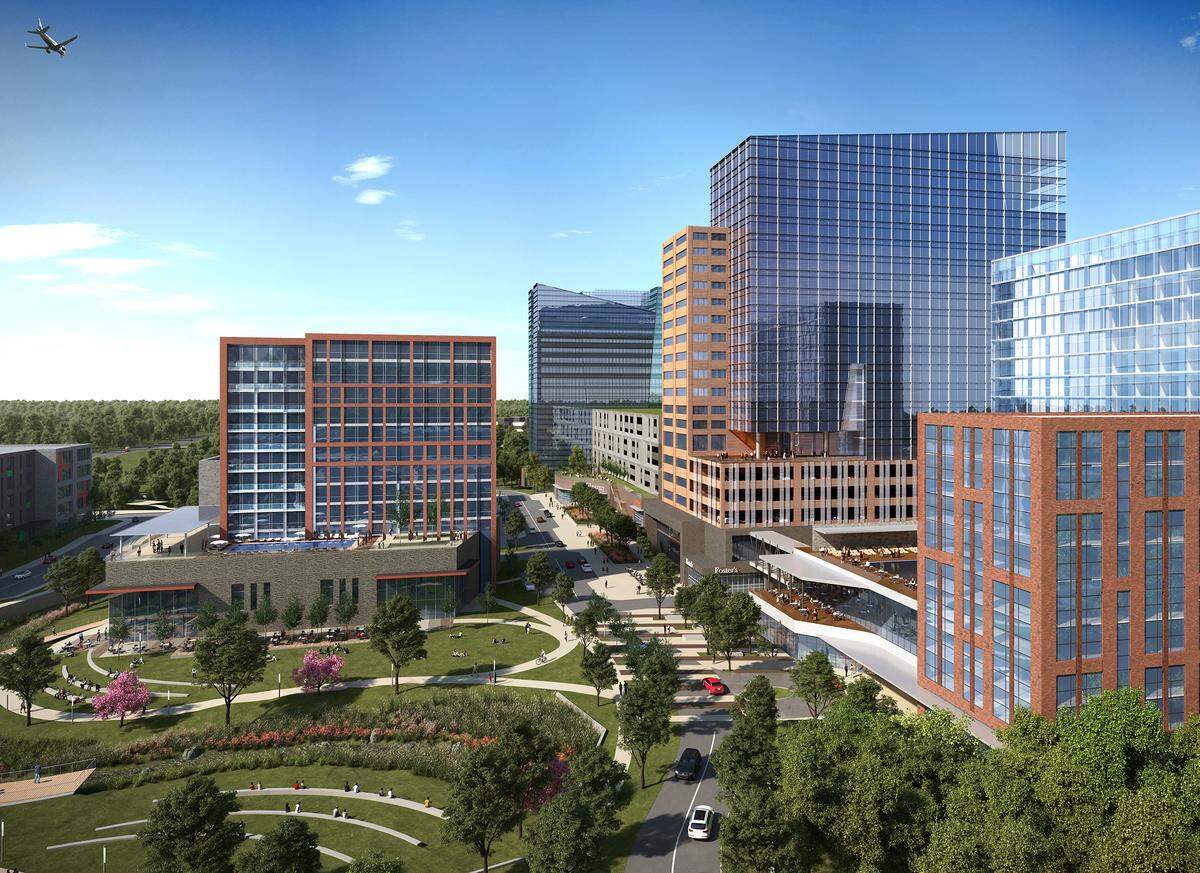 A rendering of the completed Hub RTP with the office towers developed by KDC, who was announced on Tuesday as a developer chosed by the Research Triangle Park Foundation.