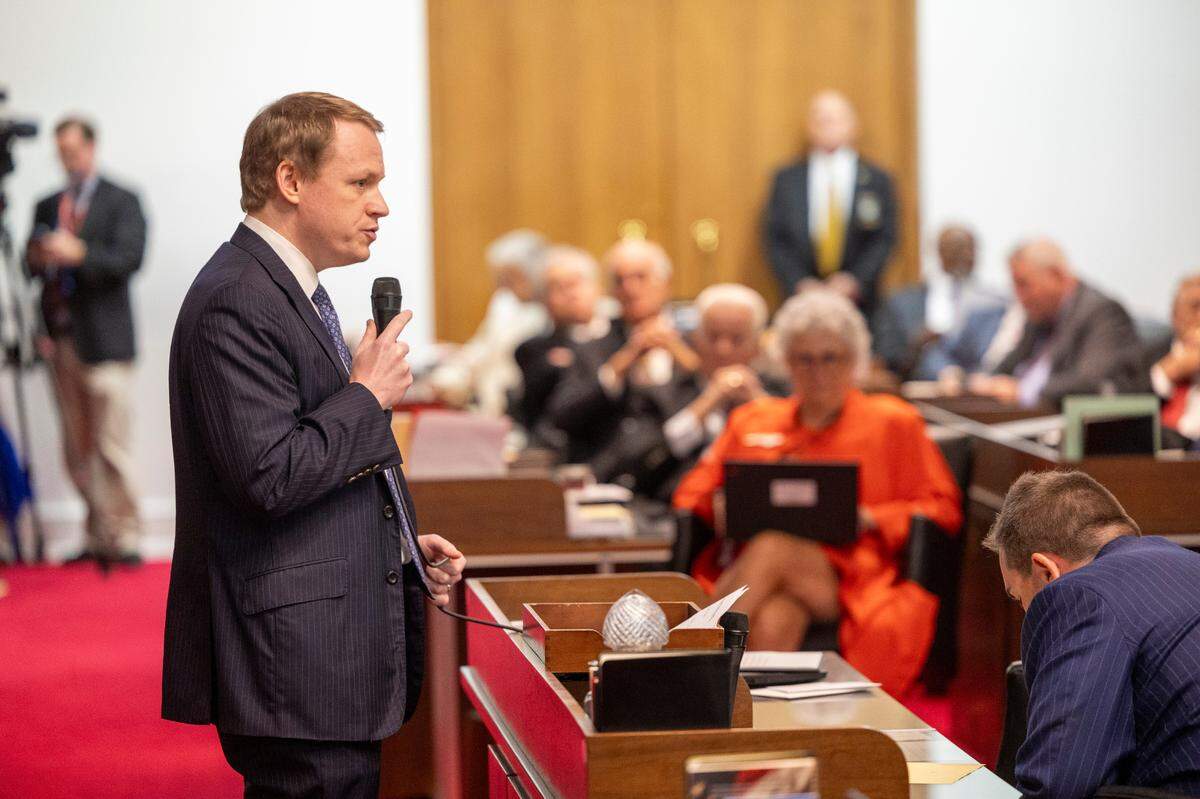 Republican Rep. Destin Hall who represents Caldwell and Watauga counties, delivers an impassioned argument in favor of overriding Gov. Roy Cooper’s veto of a Helene relief bill that reduces the power of incoming Democrats in the executive branch during a session on Wednesday, Dec. 11, 2024, at the North Carolina Legislative Building.