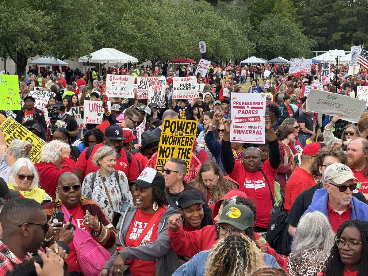 Protesters gather on Halifax Mall for the May Day teacher’s march and protest in Raleigh, Friday, May 1, 2026.