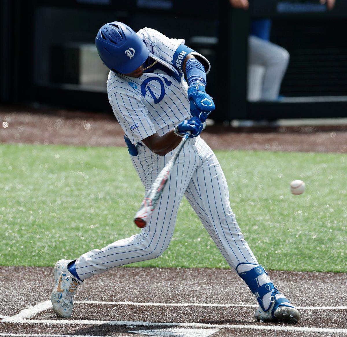 Duke’s Kyle Johnson (5) connects on a double during Duke’s 7-4 victory over Murray St. in the first game of Durham Super Regional at Jack Coombs Field in Durham, N.C., Sat. June 7, 2025.