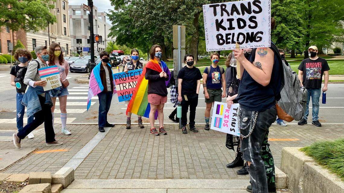 In this 2021 file photo, protesters demonstrate in downtown Raleigh in support of rights for transgender youth.